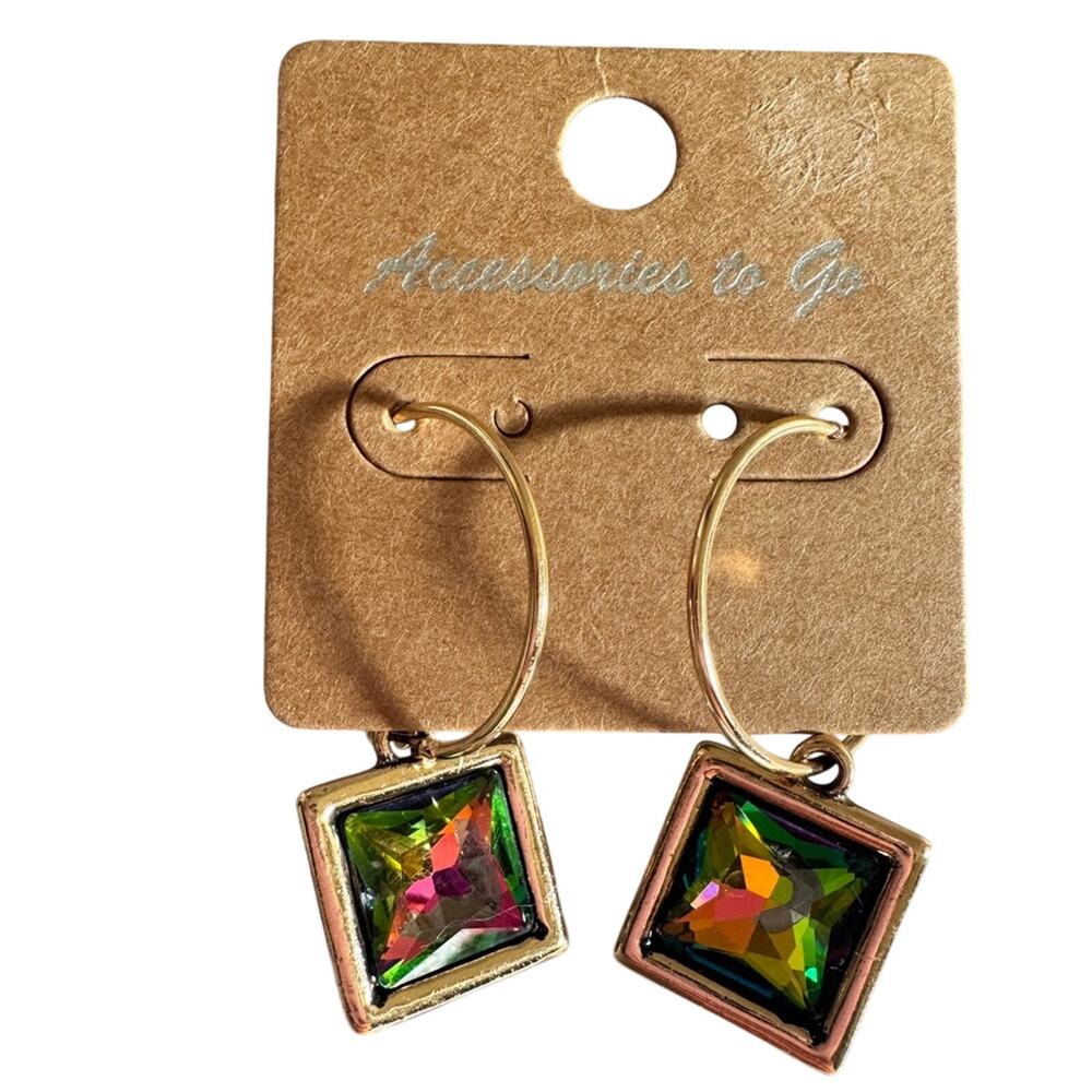Volcano AB Crystal Dangle Earrings Gold Tone Iridescent NWT